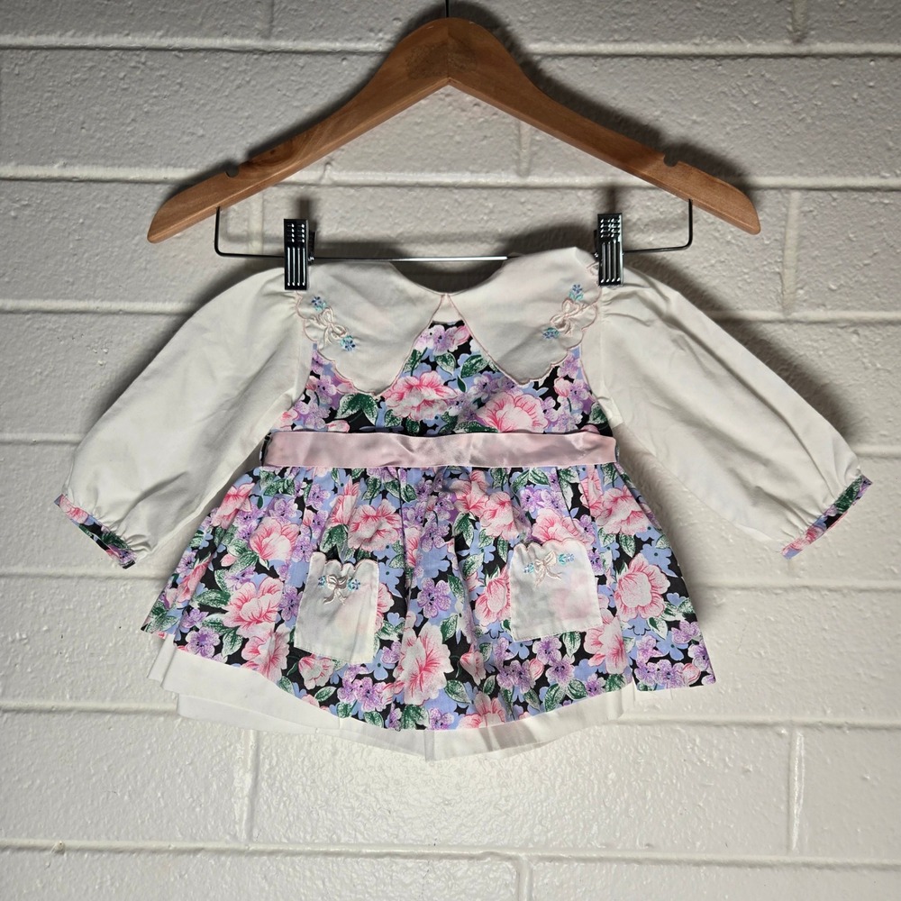 Vtg Floral Long Sleeve Dress Baby Girl 12M Embroidered Peter Pan Church Garden